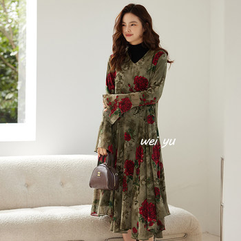 
Plus size women's temperament dress V-neck printed long skirt