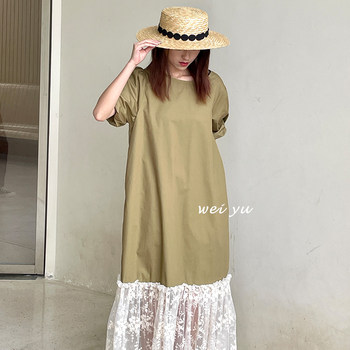 Weiyu large-size women's French puff sleeve skirt 2025 summer new high-end lace contrasting splicing dress