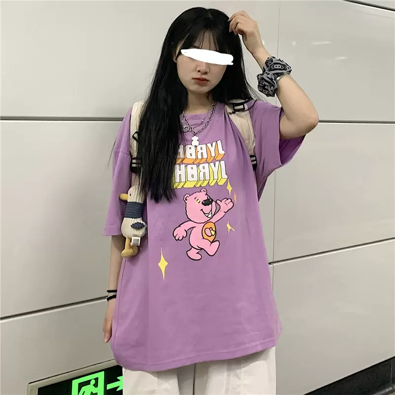 原宿风卡通印花短袖t恤女装夏季甜酷风宽松中长