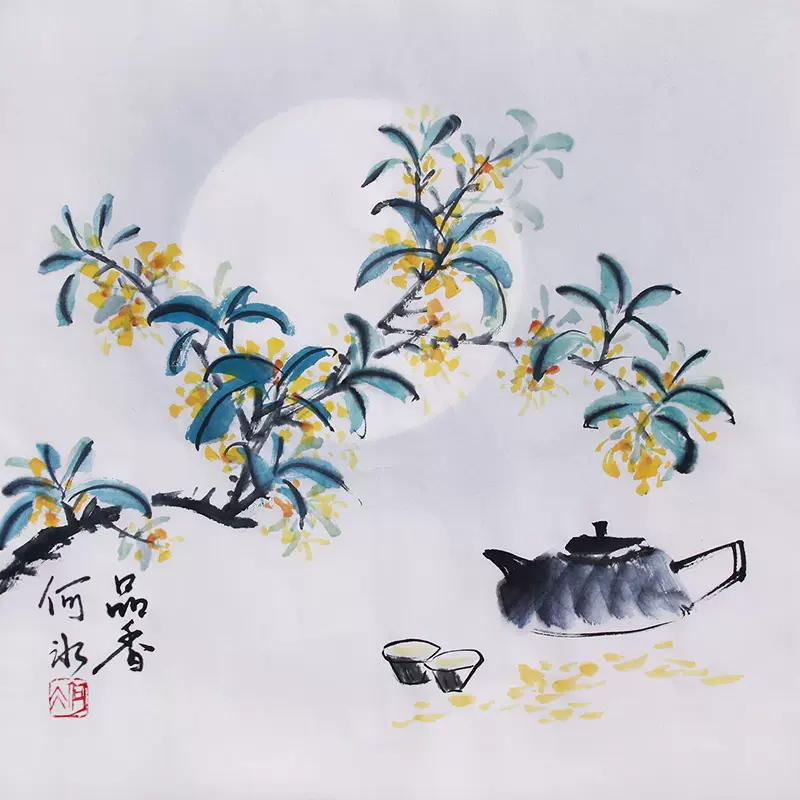 原创手绘国画桂花茶壶收藏字画芯挂画无框装饰画水墨宣纸书画真迹-Taobao