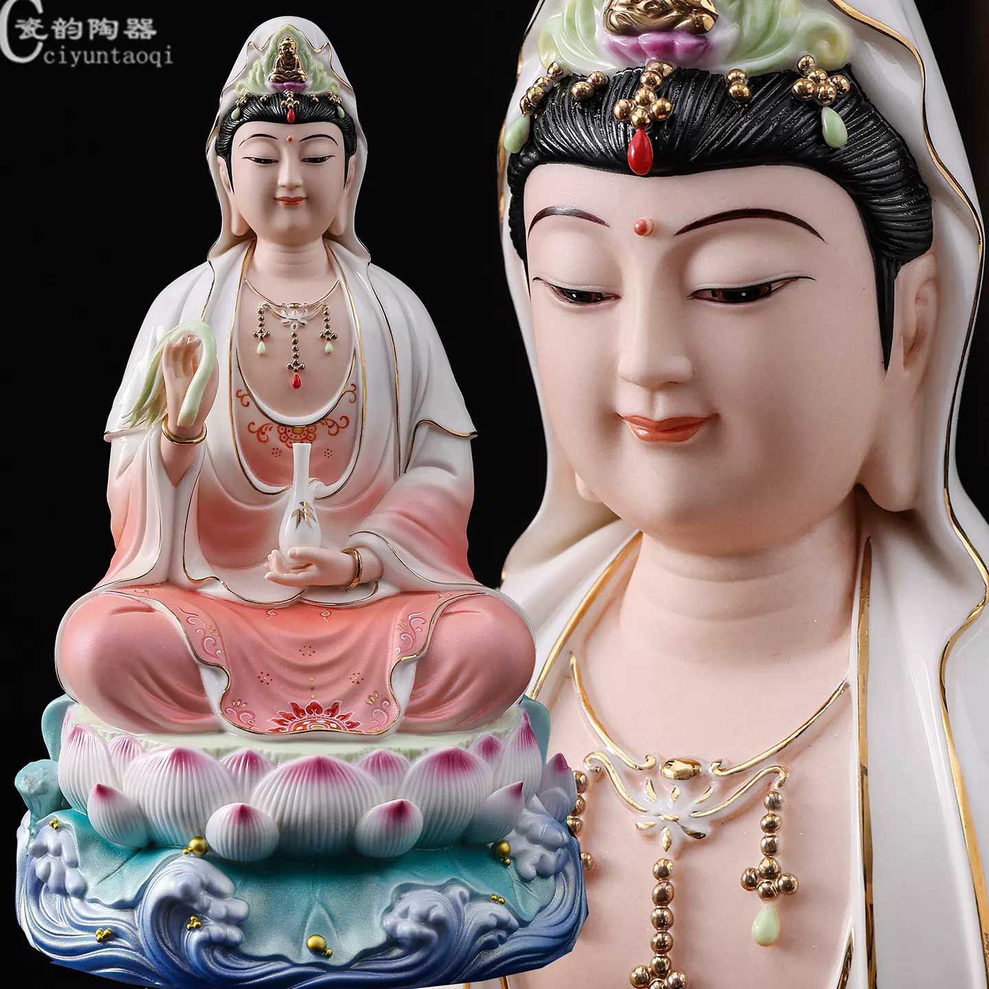 20寸陶瓷千手千眼观音德化白瓷立莲观世音菩萨佛像摆件工艺品