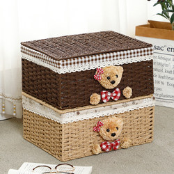 Rustic Fabric Storage Basket, Straw and Rattan Woven Storage Box with Lid, Cosmetic Storage Box, Desktop Storage Basket