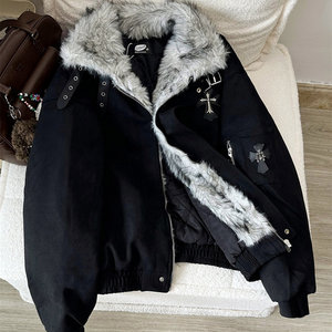 
American-style fur collar, mountain carving cross, street cotton-padded clothes for men and women, thickened warm jackets for men and women in winter, trendy