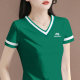 Green V-neck Short-sleeved T-shirt for women 2024 summer new half-sleeved loose and fashionable shoulder top high-end T-shirt
