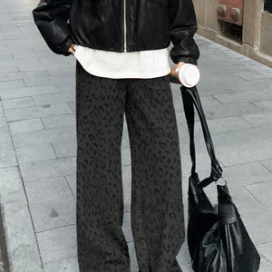 秋冬孕妇豹纹阔裤抽绳高腰宽松加绒直筒裤女冬季新款加厚保暖长裤