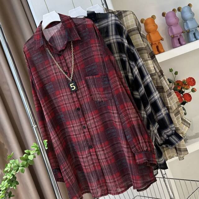 Starry Sky Flash Plaid Sunscreen 0085# Summer Long Sleeve Loose Air Conditioning Shirt Casual Mid-Length Plaid Shirt Top