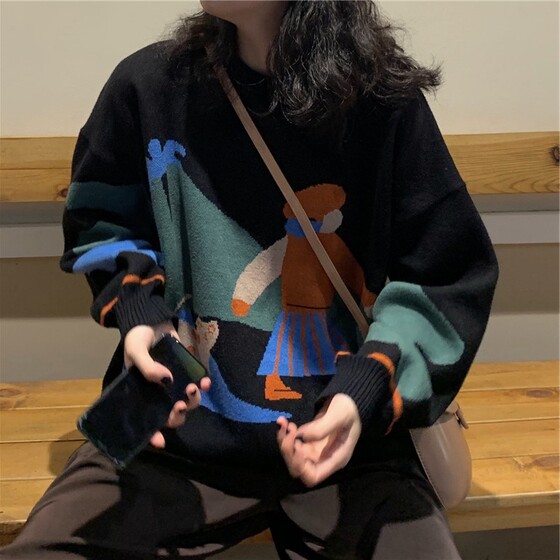 Large size chubby sister cartoon sweater for women in autumn and winter, new lazy and loose fitting outerwear, round neck knit sweater, retro top