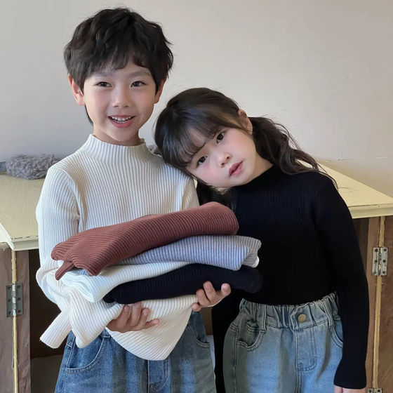 
Korean boys and girls half turtleneck versatile knitted sweater with solid color stretch pit stripe sweater, western style warm base layer