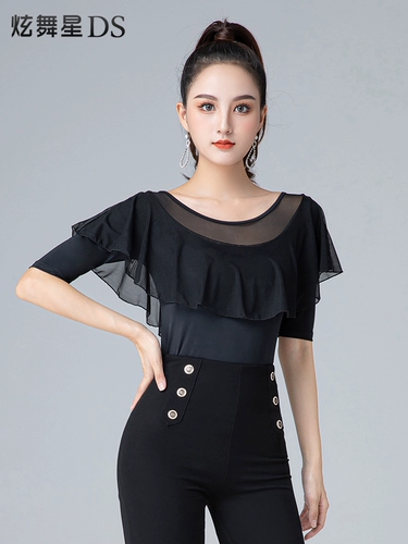 Современный танцевальный топ женский круглый шея новая танцевальная одежда Lotus Leaf Side Latin Dance Clothing осень и зимняя рубашка Petzerz