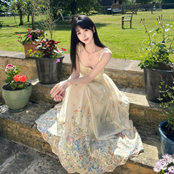 Secret Mirror Garden Heavy Embroidery Strap Dress for Women, Summer Beach Vacation Style, Waist-Slimming, Stunning Long Dress