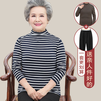 Half turtleneck bottoming shirt autumn striped t-shirt mom wear