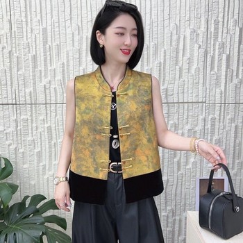 
2025 Autumn New National Style Disk Button Sleeveless Vest Middle-aged Mom Wear Velvet Splicing Printed Vest Top