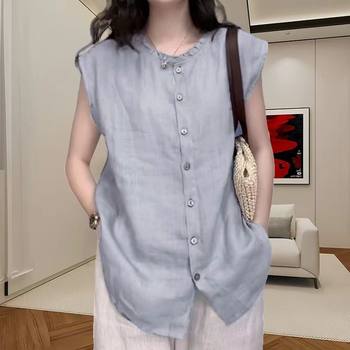 Summer large size loose solid color round neck sleeveless top linen T-shirt casual vest literary shirt for women