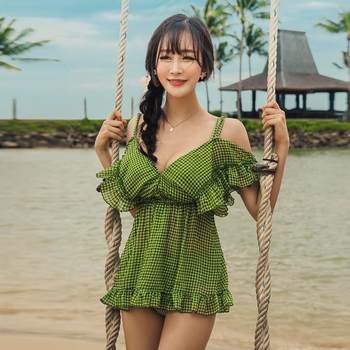 
2025 swimsuit women's skirt vacation small breasts Korean version beach bikini swimsuit women men's swimming trunks green