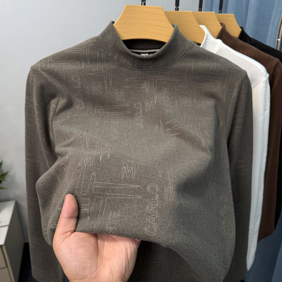 
Double-sided velvet German velvet half turtleneck bottoming shirt for men in autumn and winter warm inner layering tops mid-collar t-shirt for men with long sleeves