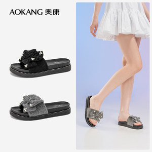 
[Bow Tie Slippers] Aokang Women's Shoes Summer Breathable Sweet Style Pearl Outerwear Vacation Fashion Sandals