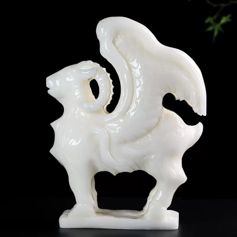 手工白玉瑞獸神獸擺件山海經神獸玉石雕新中式風格