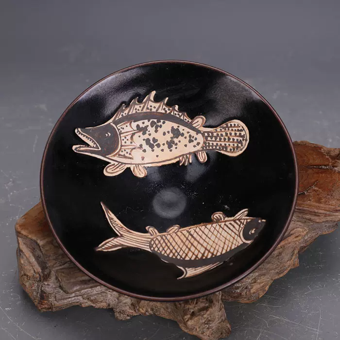 宋代吉州窑黑釉彩绘鱼纹斗笠碗茶盏做旧出土仿古瓷古玩古董收藏品-Taobao