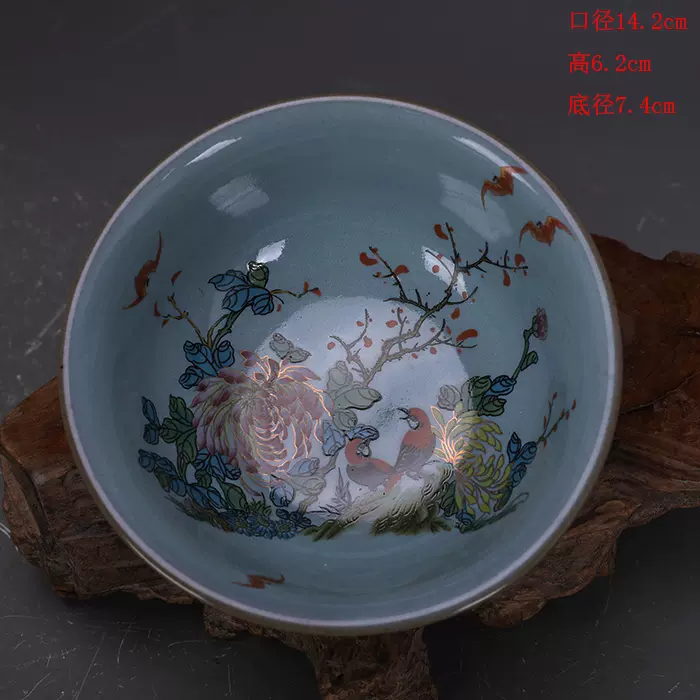 宋代汝窑天青釉加彩花鸟纹支钉瓷碗做旧仿出土古瓷器古玩收藏摆件-Taobao