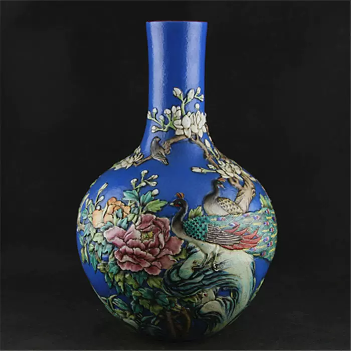 清乾隆浮雕蓝釉粉彩花鸟天球瓶七八十年代厂货仿古瓷器古玩收藏-Taobao