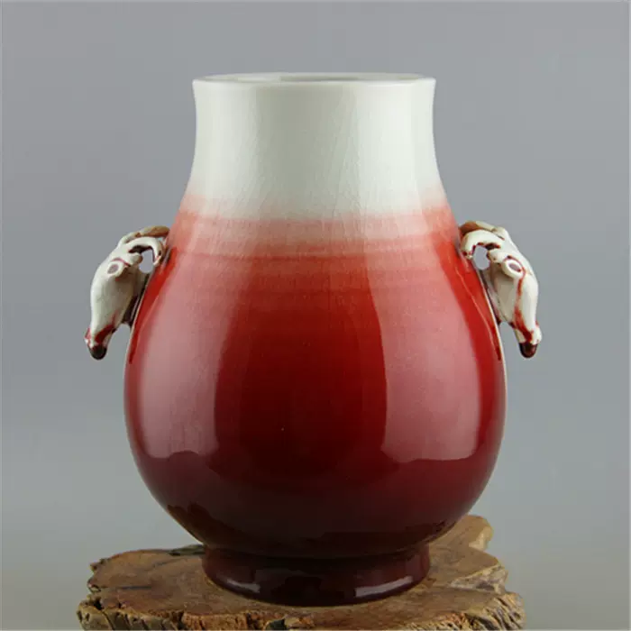 建国瓷厂货窑变郎红釉鹿耳尊瓶博物馆落款手工仿古