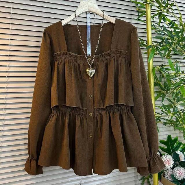 2025 autumn new large-size women's clothing fashionable and stylish, slimming and square collar waist-hugging temperament long-sleeved women's shirt
