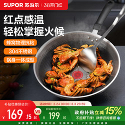 Supor Fire Red Dot Stainless Steel Wok Honeycomb Non-Stick Pan Household Wok for Induction Cooker and Gas Stove Flat-Bottomed Pan