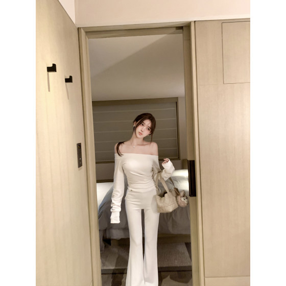 
Ruoyu Customized Korean Women's Advanced Suit One Shoulder Thickened Warm Ginger Velvet Top Casual Flared Pants Suit Autumn and Winter