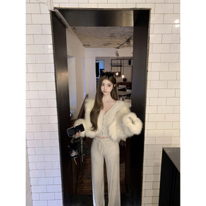 
Ruoyu Customized Lazy Winter Ari* Brushed V-neck Top Cardigan Pants Suit Casual Fashion Two-piece Set