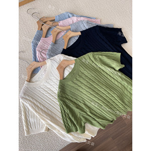 
Soft mulberry silk wool twist short-sleeved knitted T-shirt for women, versatile round neck, temperament, small right shoulder top