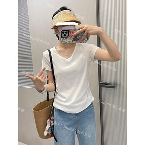 
Minimalist slimming pleated waist V-neck small waist T-shirt women's right shoulder small version versatile casual summer new top