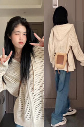 Hollow-Out Knit Sweater with a Stylish Design, Loose-Fitting Hooded Outerwear, Thin Jacket, Korean Style Spring and Summer Zip-Up Cardigan Top for Women