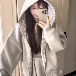 American Retro Trendy Brand Printed Hooded Sweatshirt for Women, Spring and Autumn 2026 New Style, Super Nice-Looking, Loose Zipper Cardigan Jacket