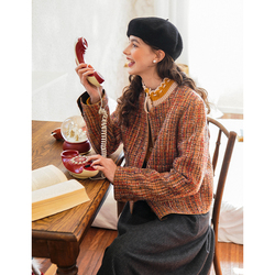 Eight Notes Of A Floating Life "madeline" Steel Tweed Yarn-dyed Red Wool Plaid Color-blocked Small Fragrant Jacket