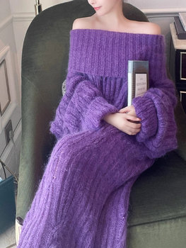 Free shipping insurance purple off-the-shoulder long sweater dress