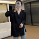 Black lace base shirt for women in mid-long autumn and winter hollow V-neck large-size split inner shirt loose lace top