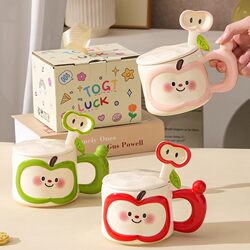 Mug, Apple Ceramic, Creative, Cute, High-Looking Water Cup, Practical Birthday Gift, Gift Box with Lid and Spoon