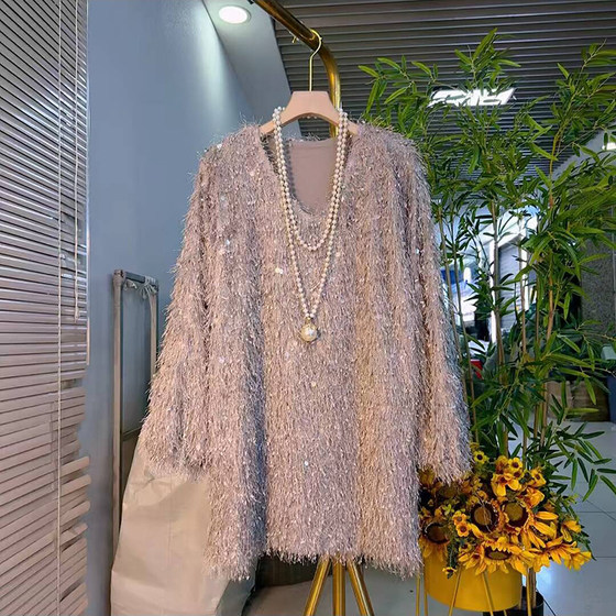 Large size women's fat MM new winter loose slim fashionable trendy temperament tassel sequin fur shirt top
