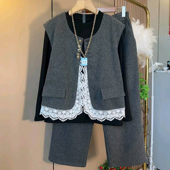 
2025 autumn popular plus size women's lace splicing thin woolen vest casual straight pants leggings shirt three-piece trendy set
