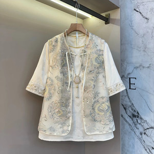 
Fat sister plus size women's clothing spring 2026 new Chinese style fashionable slim drawstring embroidered vest short-sleeved inner wear