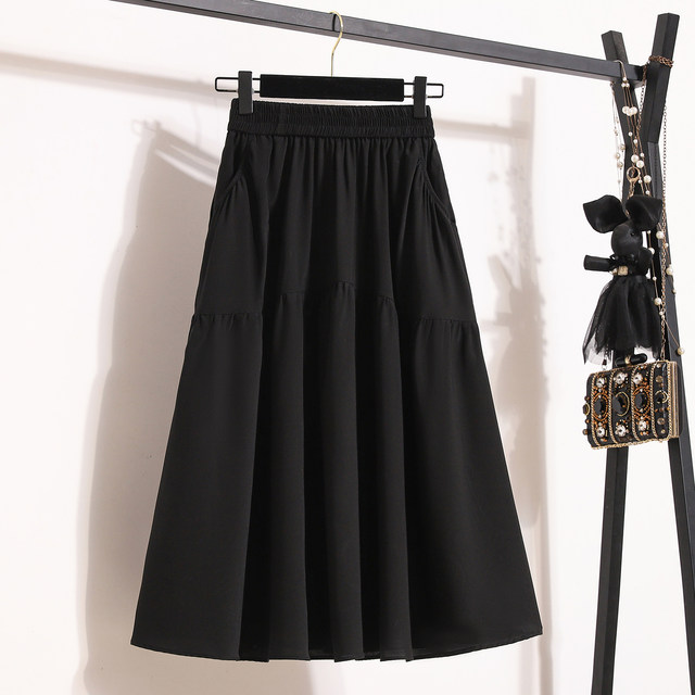 Pocket skirt 2025 summer black new skirt for women with high waist slim high-end versatile umbrella skirt mid-length