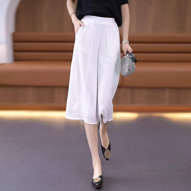 White ice silk wide-leg pants for women in seven-quarter summer 2025 thin loose chiffon skirt pants swing pants high waist droop casual pants