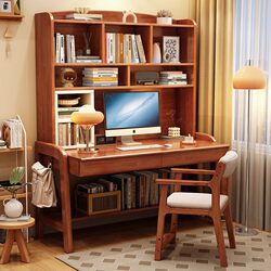 Yangman Solid Wood Desk and Bookshelf Combo for Students, Home Study Desk, Bedroom Adjustable Computer Desk, Adult Simple Cabinet