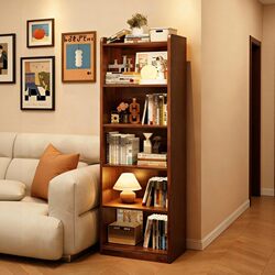 Wangkabe Solid Wood Bookcase Storage Cabinet Integrated Wall-Mounted Narrow Cabinet Living Room Multi-Layer Walnut Color Simple Display Unit