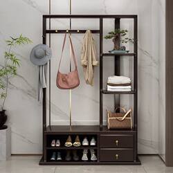 New Chinese-Style Solid Wood Floor-Standing Bedroom Clothes Rack, Coat Rack, Shoe-Changing Bench, Integrated Drawer Storage Shelf