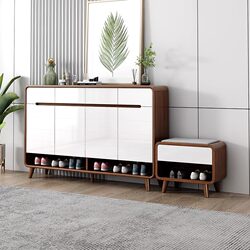 Yangman Modern Minimalist White Piano Lacquer New Chinese Style Shoe Cabinet for Home Entrance with Solid Wood Side and Shoe-Changing Bench