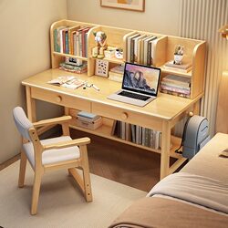 Durable Solid Wood Desk for Home Use in the Bedroom with Bookshelf, Student Writing Desk, Study Room, Simple Office Computer Desk, Study Table