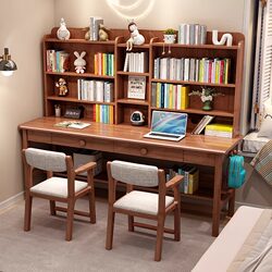 Zhaojiang Shijia Children's Solid Wood Desk, Double Computer Desk with Integrated Bookshelf, Home Bedroom Office Desk, Study Desk