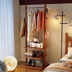 Wangkabe Solid Wood Floor-Standing Coat Rack, Small Apartment Clothes Storage Rack, Household Multi-Functional Clothes Hanger, Bedroom Bedside