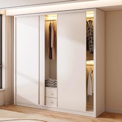 Yangman Solid Wood Wardrobe for Home Bedroom, Light Luxury Style Cabinet, New Modern Minimalist Sliding Door Cream Style Large Wardrobe